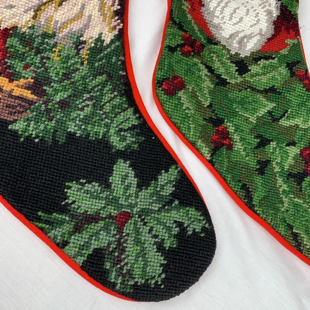 Vintage Needlepoint Christmas Stockings Set of 2 Santa Claus Holly Red Velvet - Picture 3 of 9